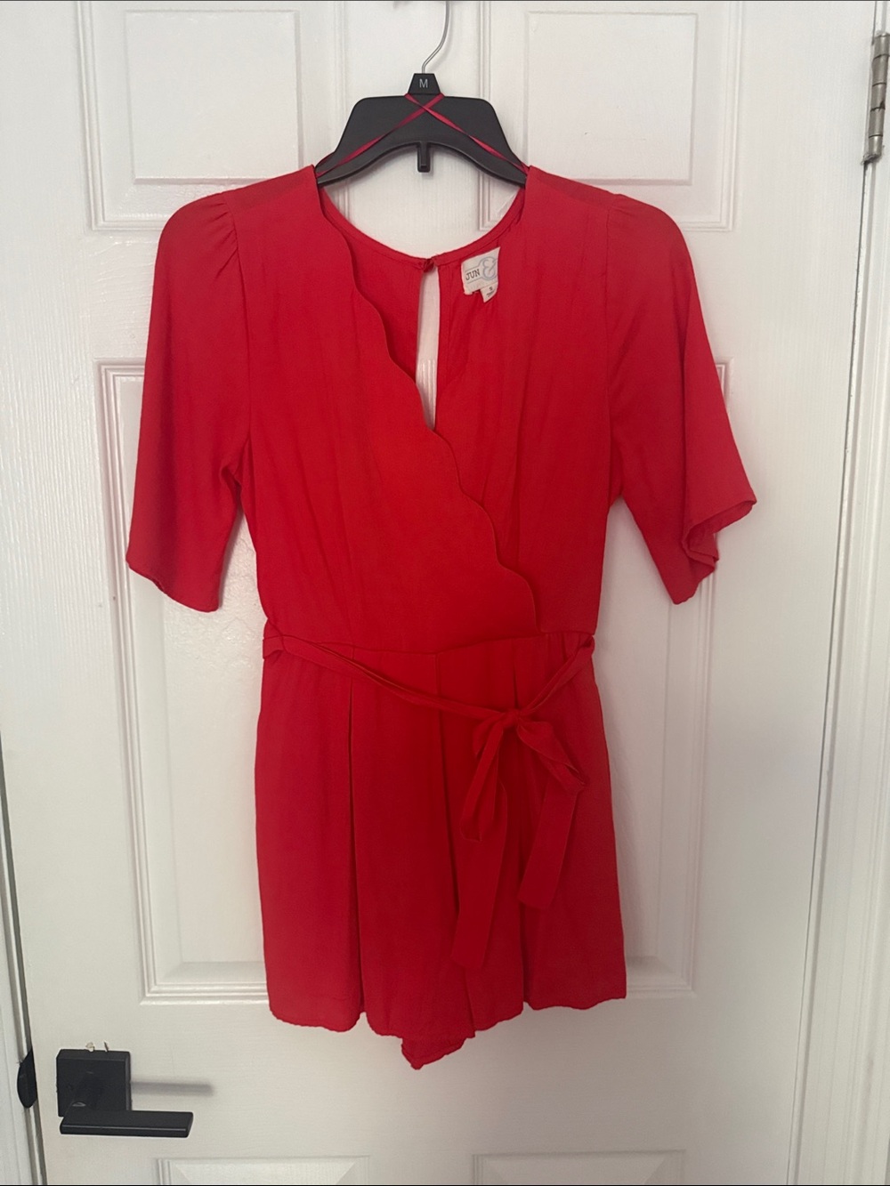 Red Scallop Wrap Romper with Waist Tie